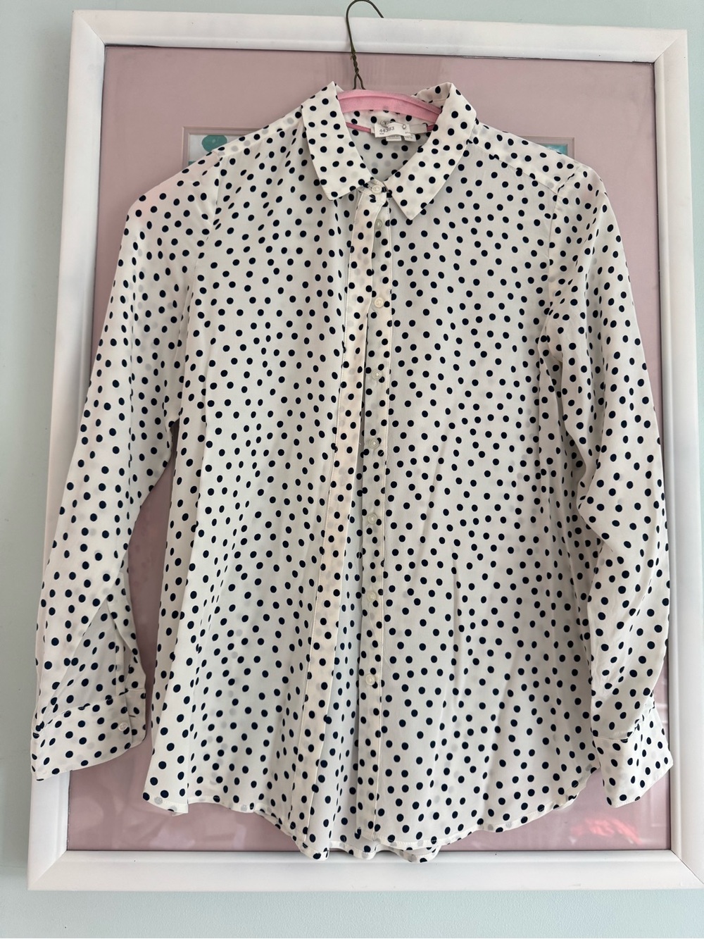 Boden White Button-Down Blouse with Navy Polka Dots